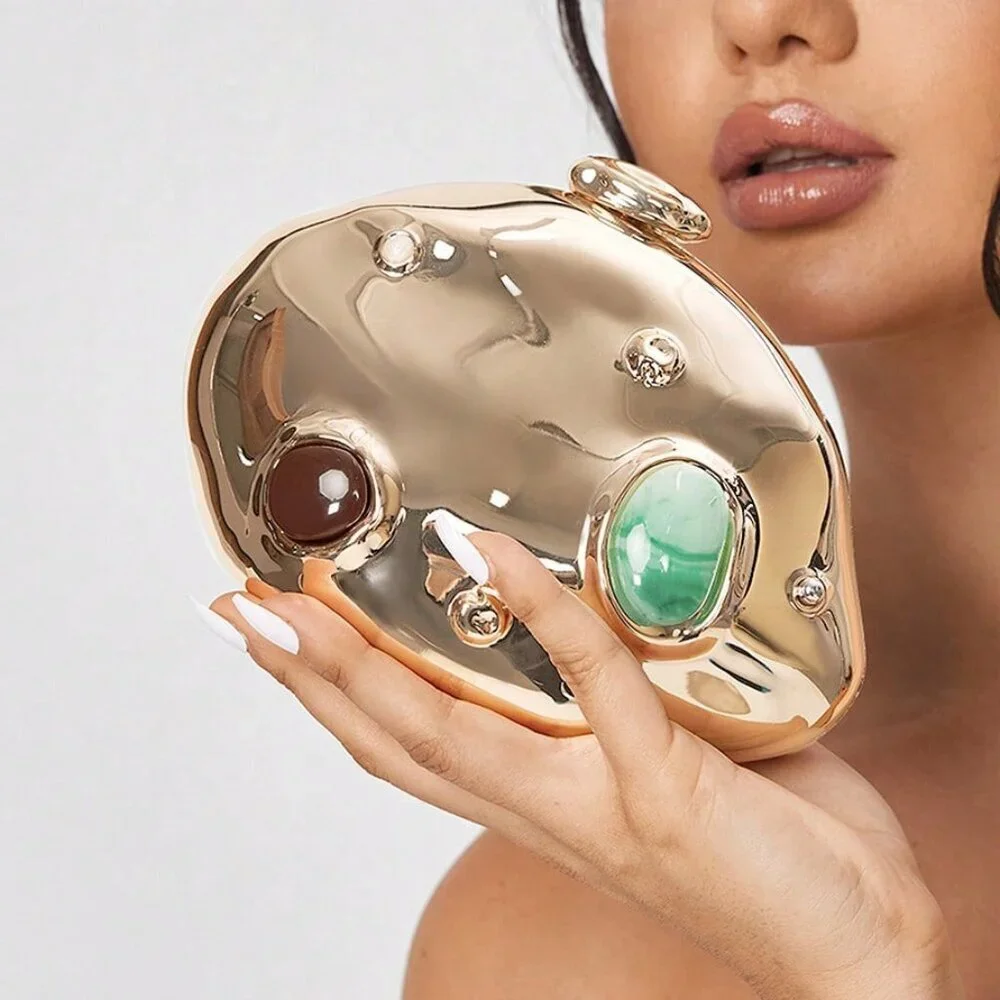 Gold Glamorous Women's Evening Crossbody Clutch Bag with Colored Stone Inlay